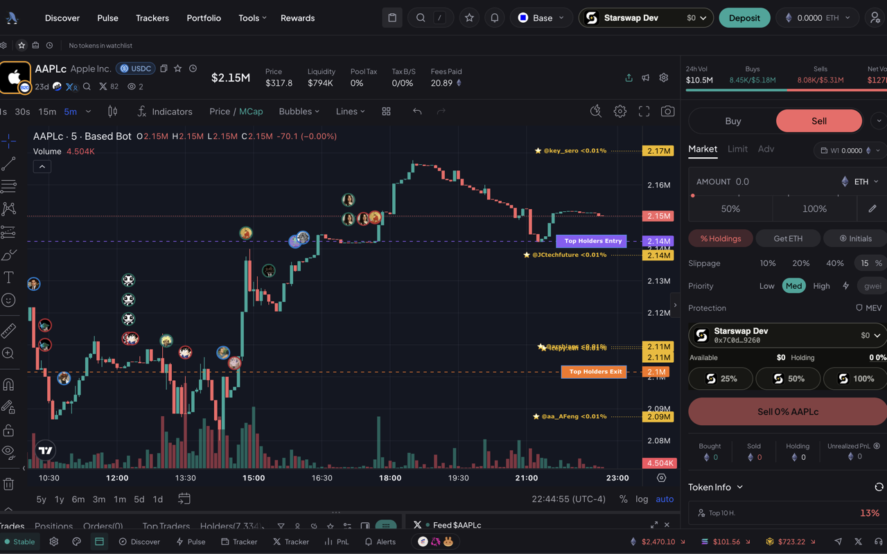 StarSwap holding and sell percentage controls inside a BasedBot token page